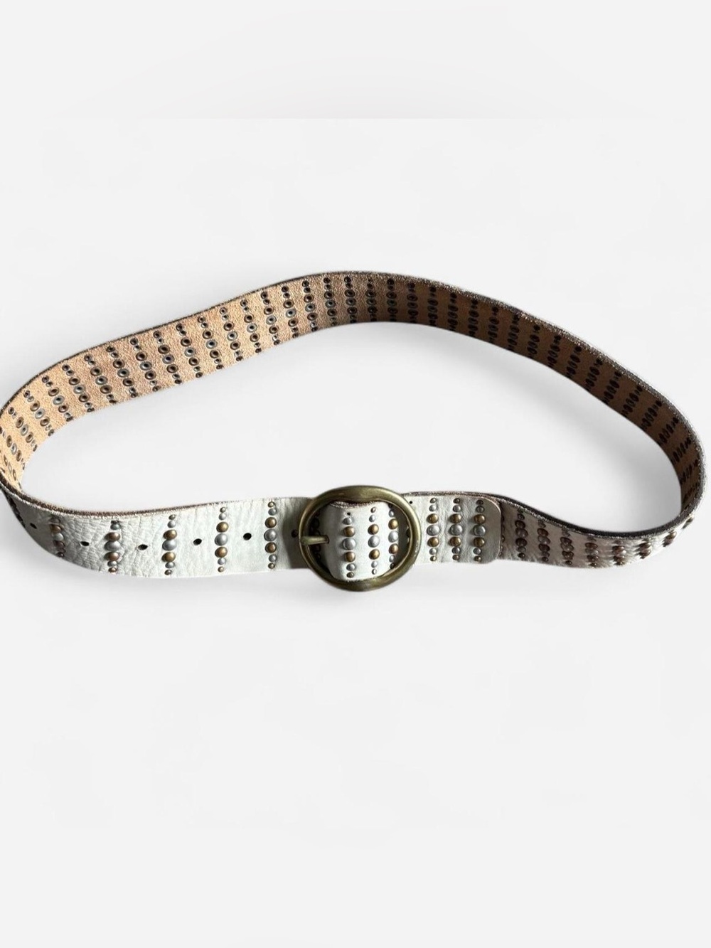 Free People Cream Leather Studded Grommet Wide Belt Brass Oval Buckle S/M